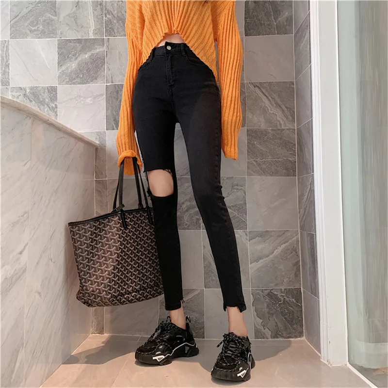 black Новинка года; модные джинсы с дырками и потертостями - Цвет: black