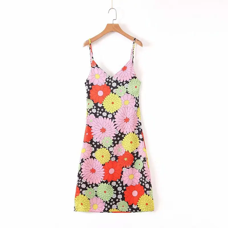 

Western Style Summer WOMEN'S Dress New Style Versitile Fashion V-neck Sexy Backless Contrast Color Printing Slip Dress