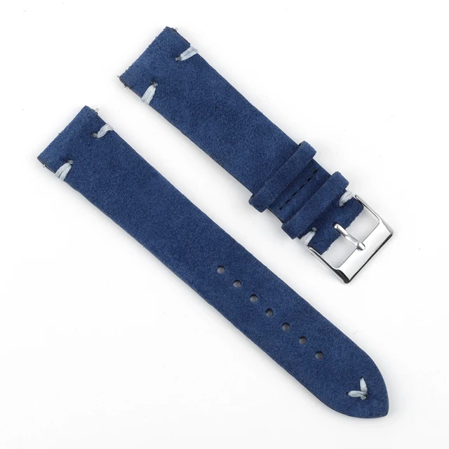 High Quality Suede Leather Vintage Watch Straps Blue Watchbands Replacement Strap for Watch Accessories 18mm 20mm 22mm 24mm RoyalBlue-White Line