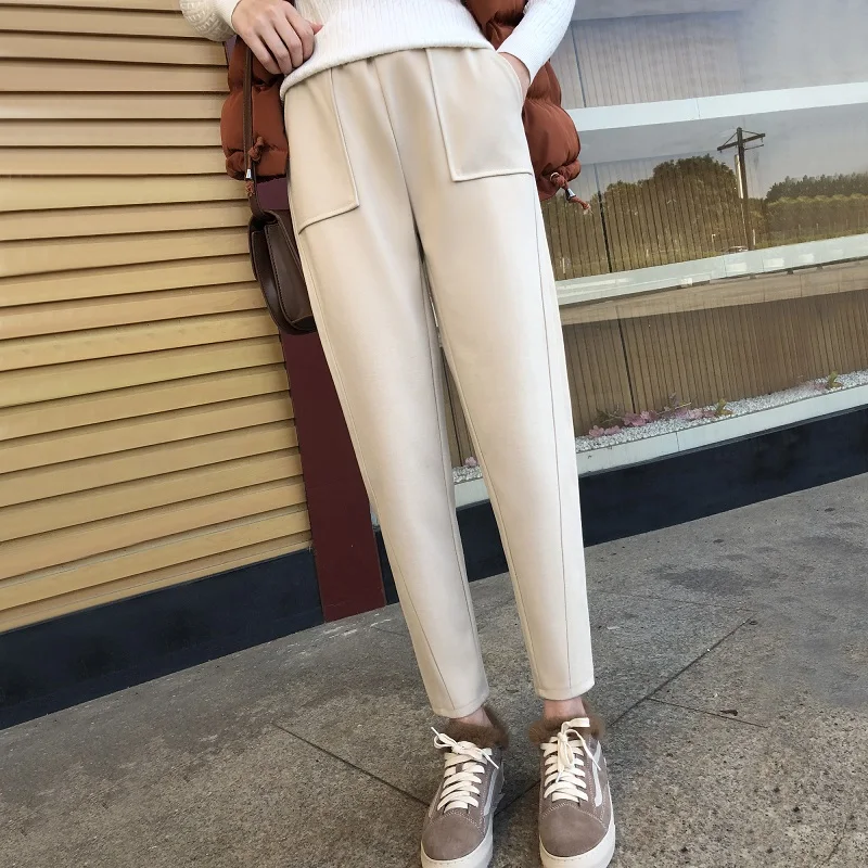 

Fashion 2019 winter high waist women's woolen Harem Pants elastic high waist plus size 3XL vintage warm female slim trousers