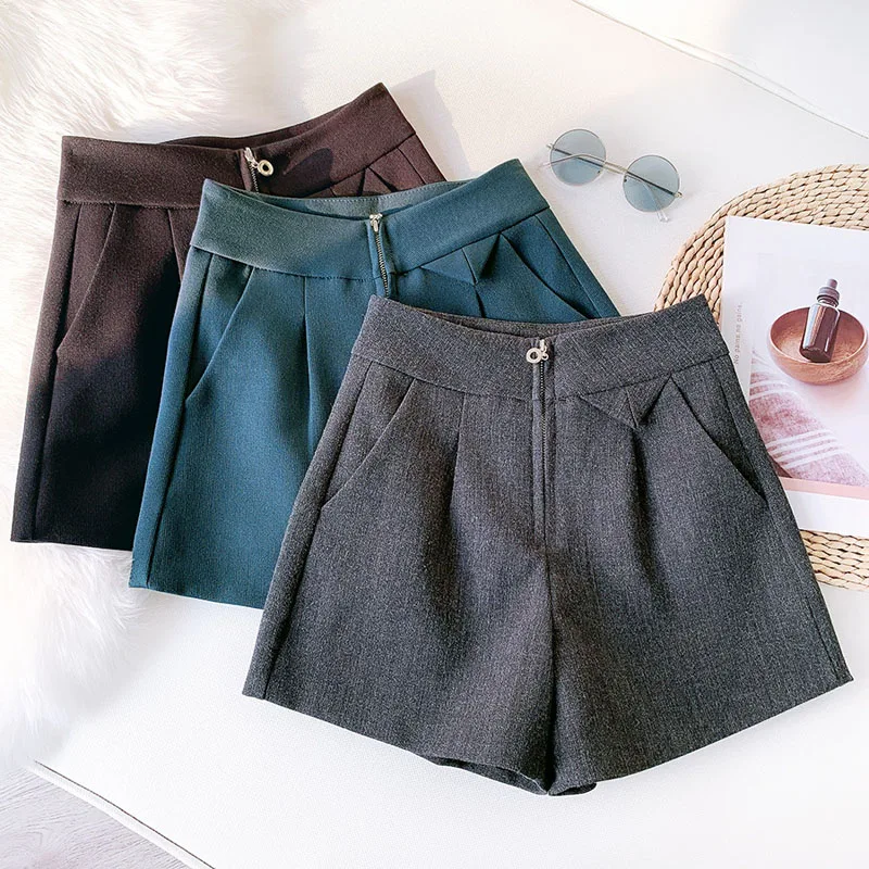 Wasteheart Autumn New Casual Black Blue Polyester Shorts Women High Waist Shorts Camel Short Zipper England Style Slim