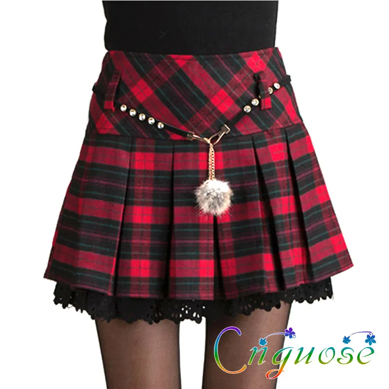 Студенческая осенняя и зимняя красная шерстяная Женская клетчатая короткая плиссированная юбка с высокой талией/Корейская японская мини-юбка с зонтиком