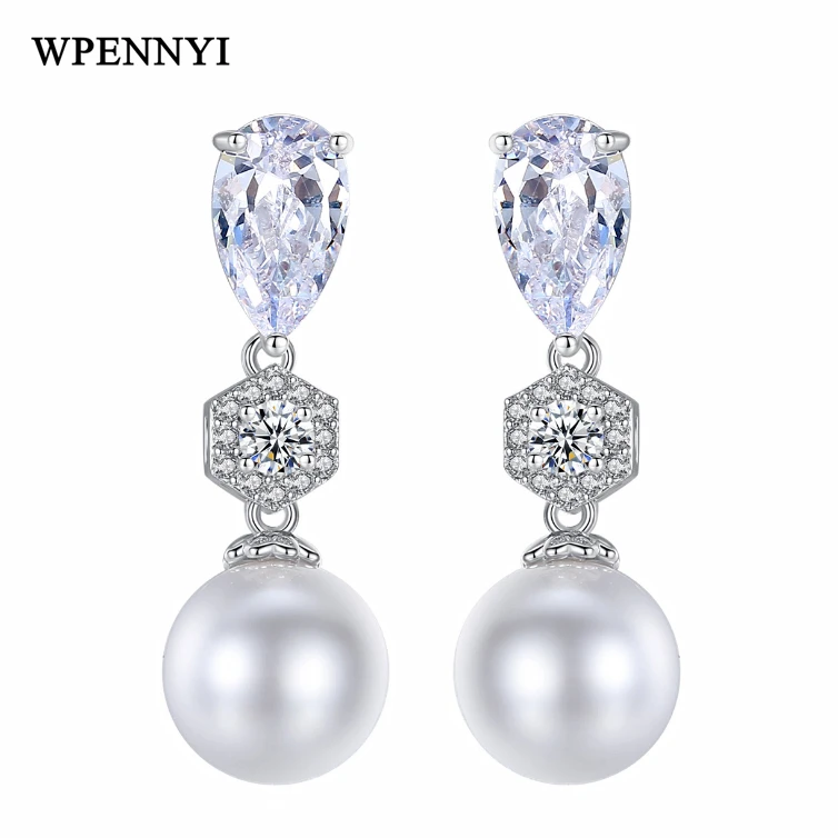 

Silver Color High Quality White Simulated Pearl Zirconia Crystal Micro Paved Woman Drop Earring Wholesale Bridal Jewelry