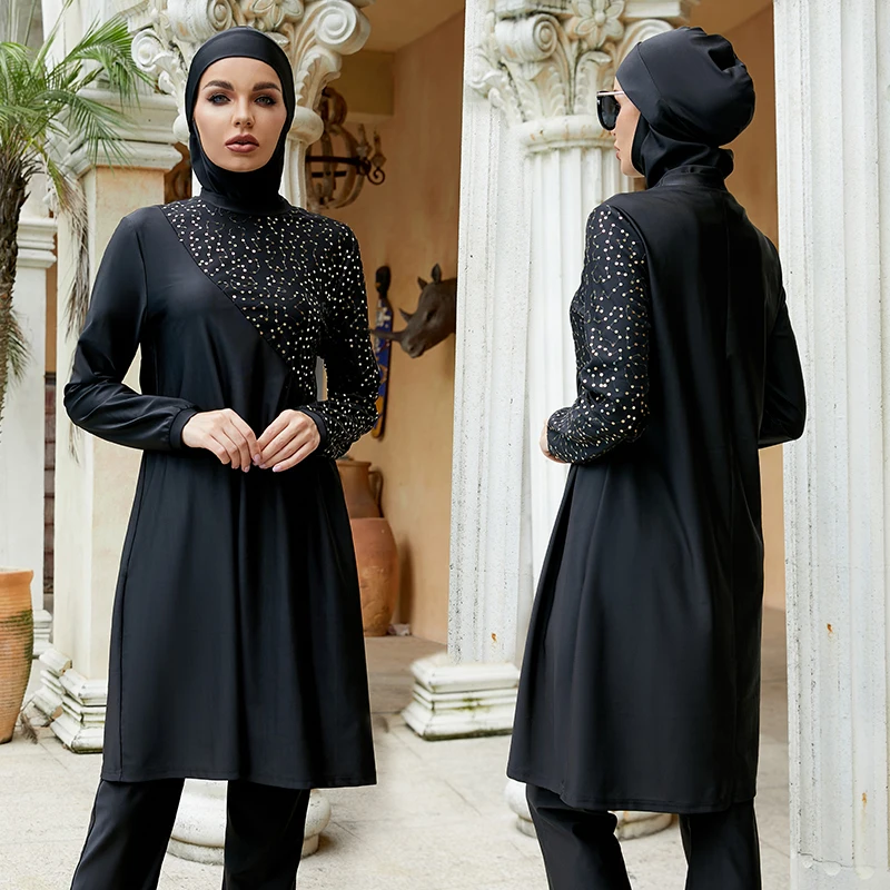 Costumi Da Bagno Musulmani Da Donna Costumi Da Bagno Burkini Mujer Moslem Musp2 Maillot De Bain Femme Manica Lunga Nera Intera Con Sciarpa Cappuccio P