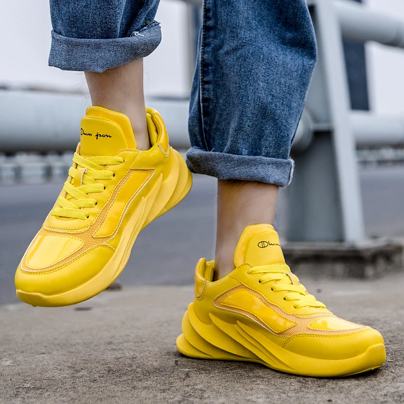 BomKinta Orange Yellow Color Stylish Men Vulcanized Shoes Blade Sole Sneakers Men Leather Upper Male Trainers High Quality