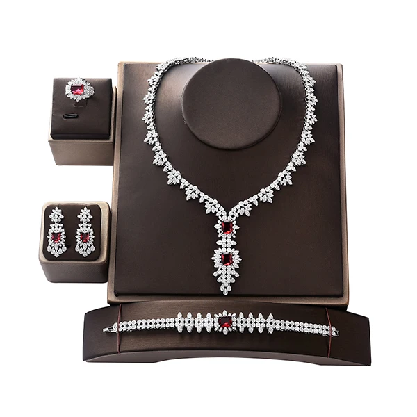 white gold red Комплект ювелирных изделий HADIYANA, винтажный Женский комплект для свадебной вечеринки, ожерелье, серьги, кольцо и браслет, кубический циркон CNY0061 Conjunto de joyas - Окраска металла: white gold red