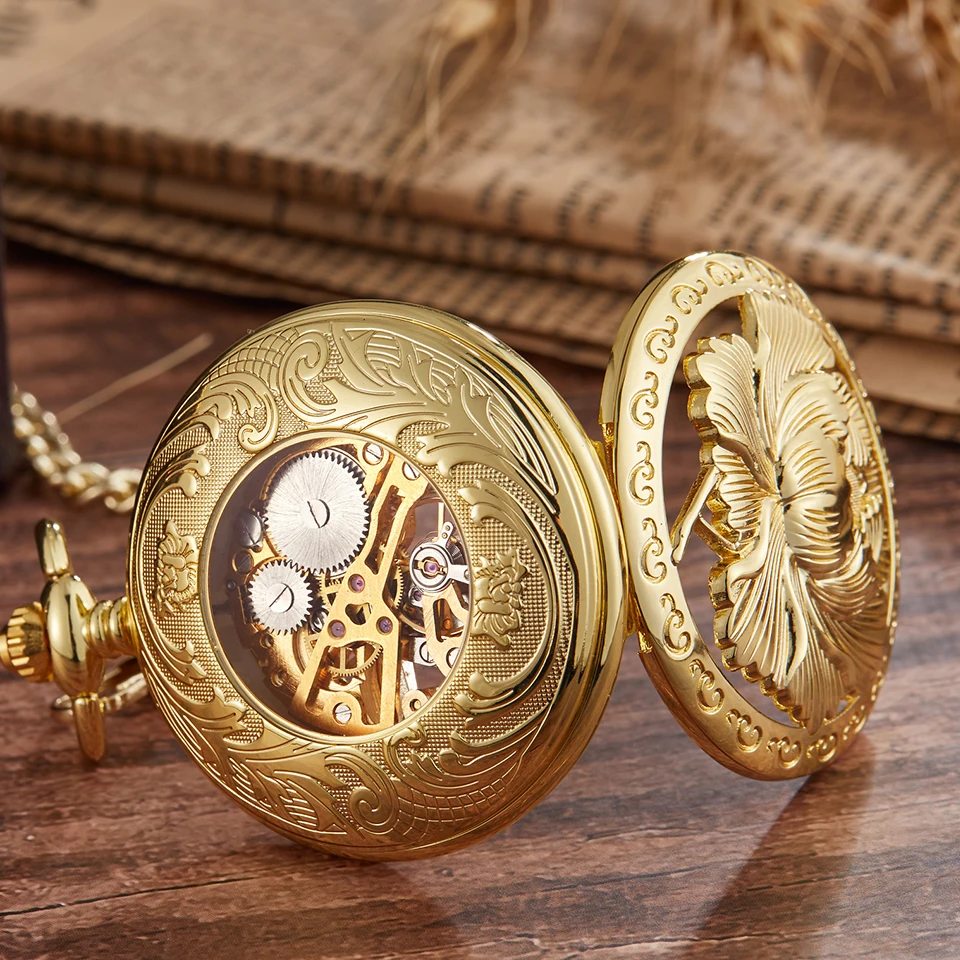 Элегантные Механические карманные часы с выгравированным цветком, флип-кейс, брелок, цепочка, часы с ручным заводом, винтажные часы для мужчин и женщин, подарки