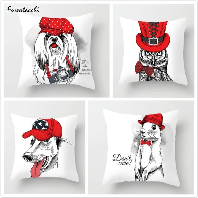 

TTLIFE Animal with Red Hat Throw Pillows Cushion Cover Squirrel Cat Horse Pillow Cover Home Sofa Chair Decorative Pillows