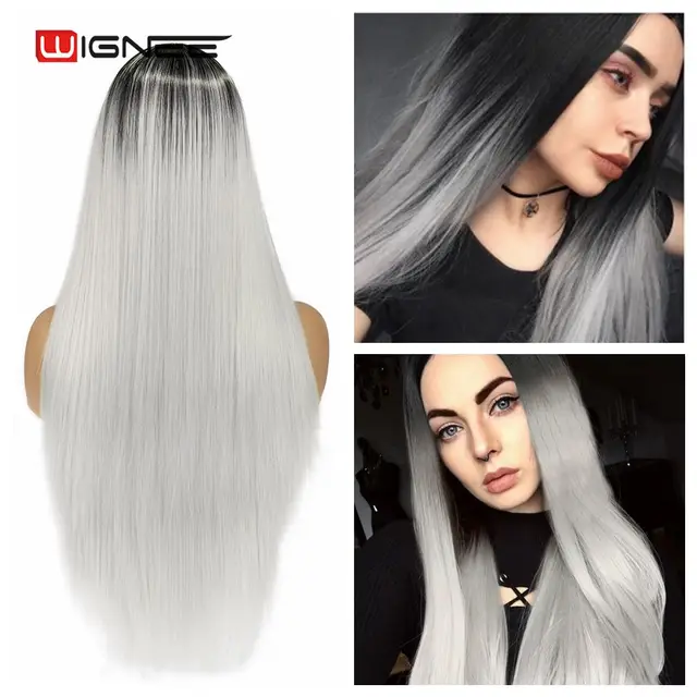 Wignee Long Natural Straight Wig Blonde Middle Part Cosplay Party Lolita Synthetic Wigs for Women Heat Resistant Fiber 1b white