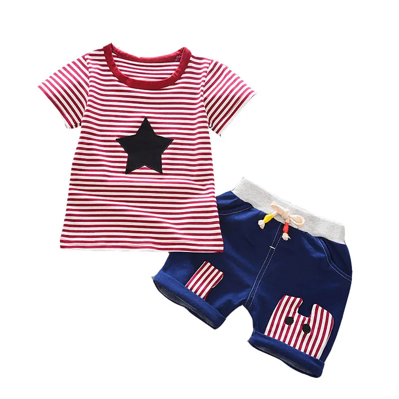 

Children's stripes Korean version of the summer new short-sleeved boy T-shirt + children's shorts two-piece set #E