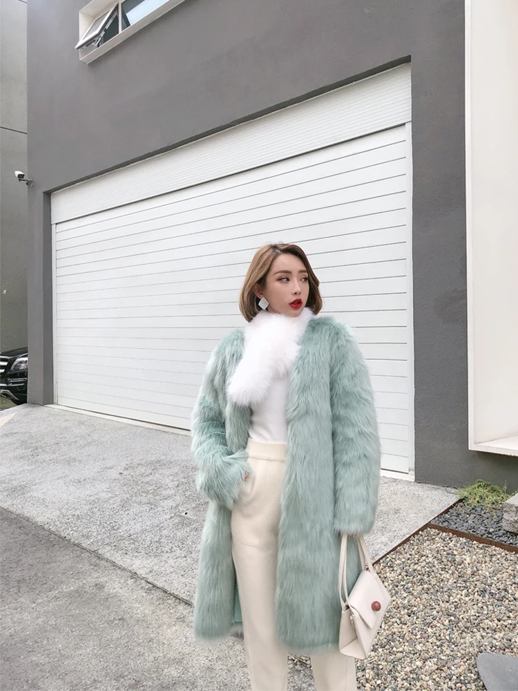 Новое зимнее пальто женское зеленое роскошный из искусственной лисы теплое Женское пальто средней длины свободное модное высококачественное пальто из искусственного меха