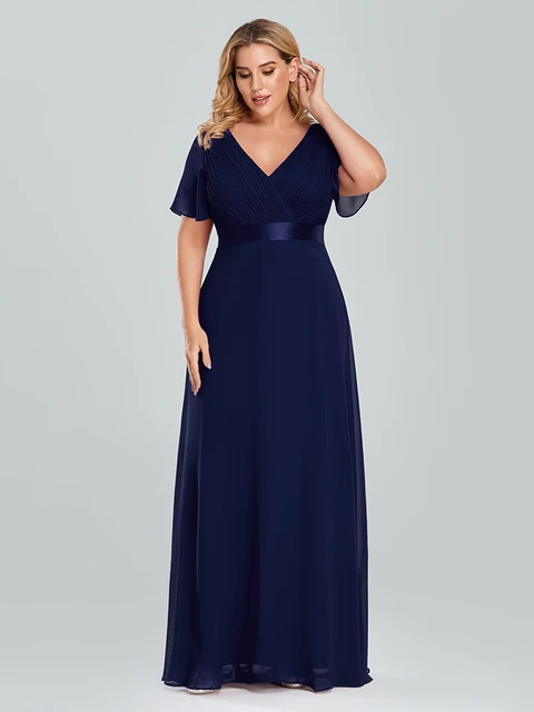 Plus Size Evening Dresses Long XUCTHHC Elegant A Line V Neck Ruffles Chiffon Formal Wedding Party Dress Robe De Soiree 2021 Navy Blue