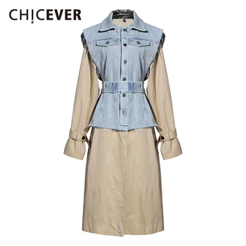 

CHICEVER Hit Color Two Piece Sets Female Lapel Collar Sleeveless Tunic Denim Vest O Neck Long Sleeve Coat Suits Women 2020 New