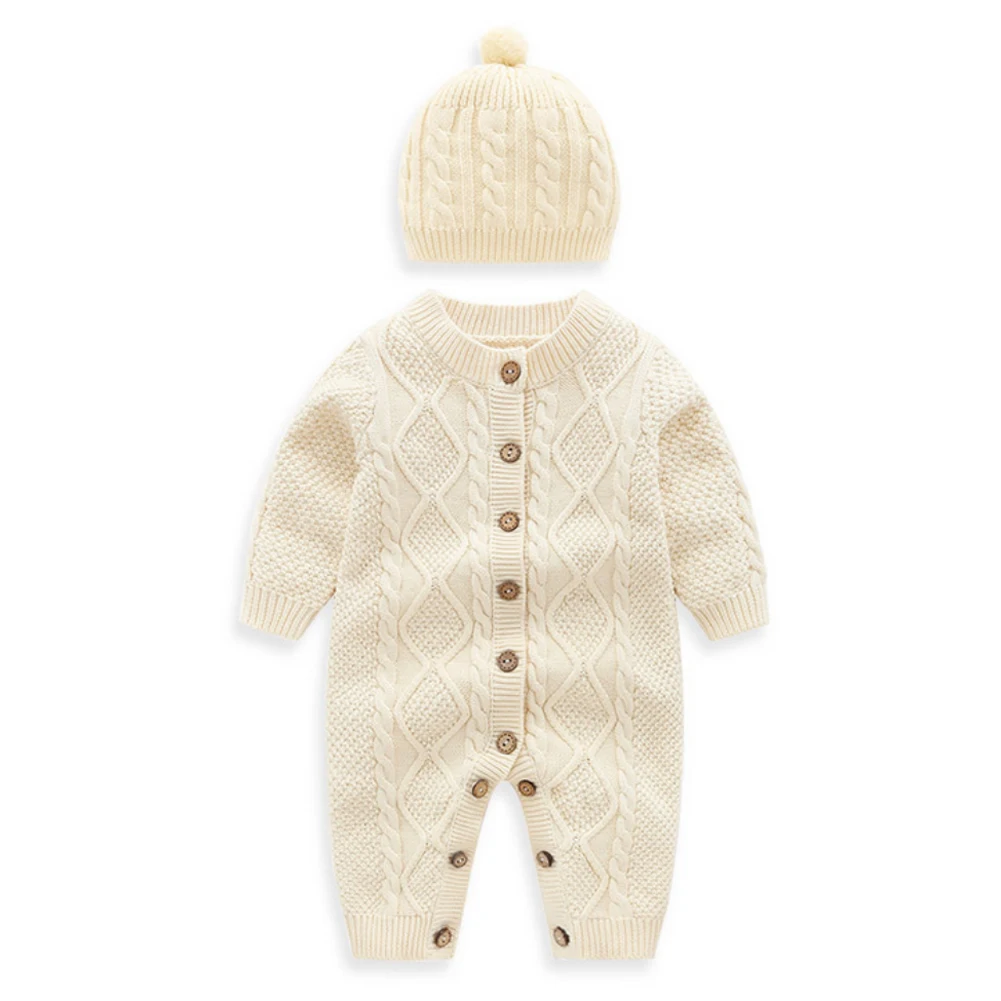 Newborn Baby Girl Boy Sets Knitted Button Romper Jumpsuit Hat 2Pcs Autumn Winter Warm Clothes Baby Solid Outfits 0-18M