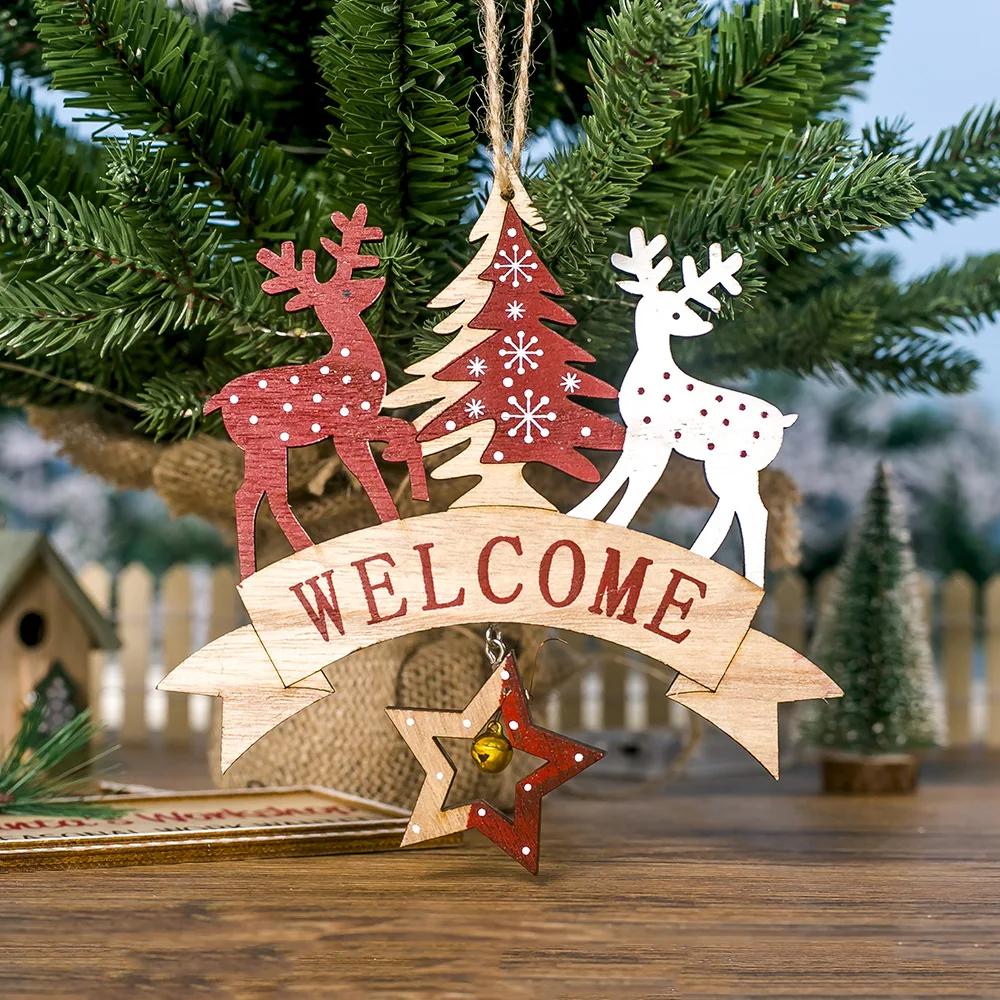 Welcome Merry Christmas Decorations Wood Hang Pendant Elk Angel Bell Xmas Christmas Tree Decoration Ornament Navidad