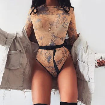

Women Fashion Mesh Print Long Sleeve Bodysuit Rund Neck Bodycon Sexy Club Transparent Female Playsuit Women Jumpsuits Top