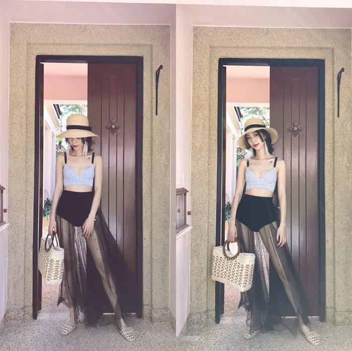 

Thailand INS Online Celebrity Bikini Retro Gauze Long Skirts High-waisted Push up Slimming Elegant Beach Two-piece Swimsuits Wom