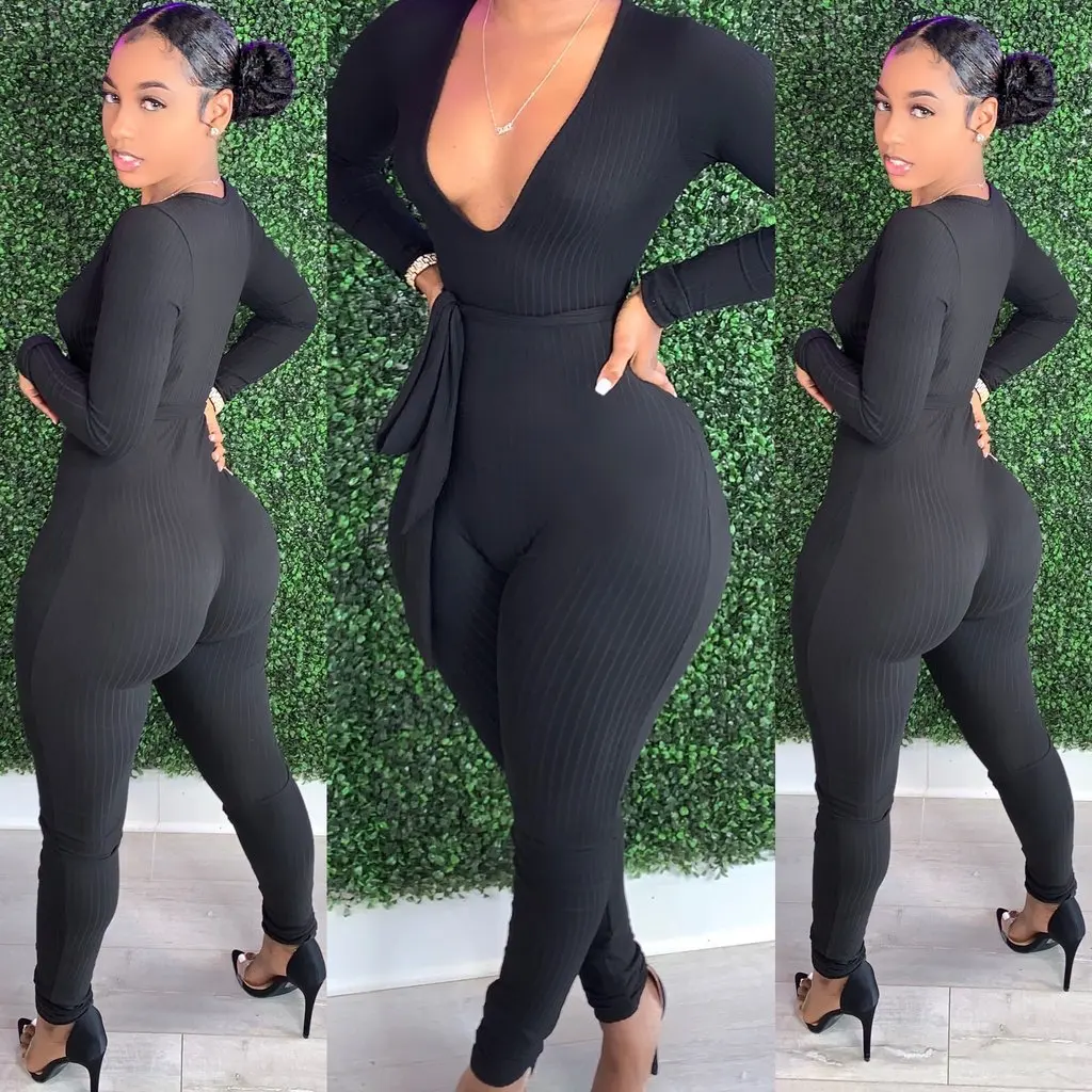 

2021 New Summer Autumn Woman Clothes New Skinny Full Length Pencil Pants Belt Office Ladies Tight Deep V Sexy Pit Strip Jumpsuit