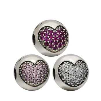 

New Original 925 Sterling Silver Pave Rosered White Crystal Round Heart Clip Charms Beads Fit Pandora Bracelet Women DIY Jewelry