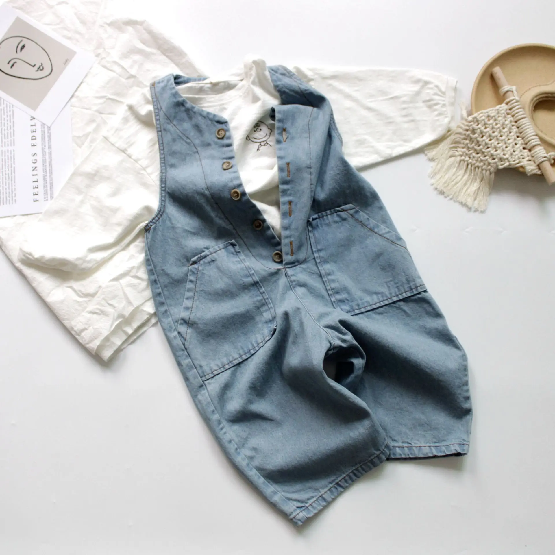 Spring Summer Children Denim Jumpsuits Korean Style Loose Retro Sleeveless Unisex Kids Overalls Soft Casual Pants
