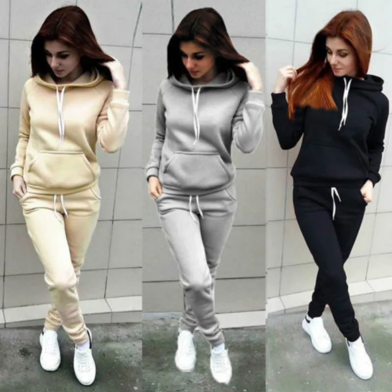 Solid Women Tracksuit Casual Hoodies Sweatshirt Pant Set Lounge Wear Sport Suit 2PCS Autumn Winter Clothes 4