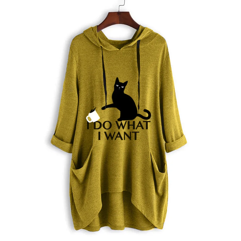 Jaycosin Women Casual Print Cat Ear Hooded Long Sleeves Pocket Irregular Casual Cool Chic New Look Pullover Tops Blouse