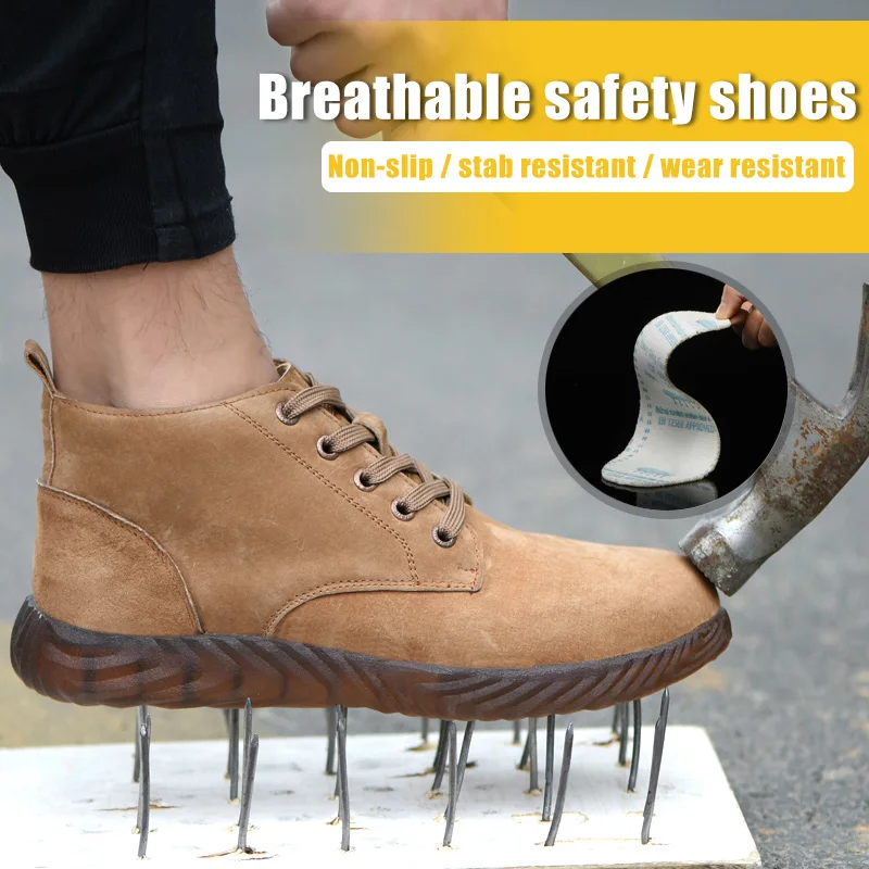 Leather Work Boots Breathable Soft Sole Anti-smashing Anti-puncture Work Shoes FDX99
