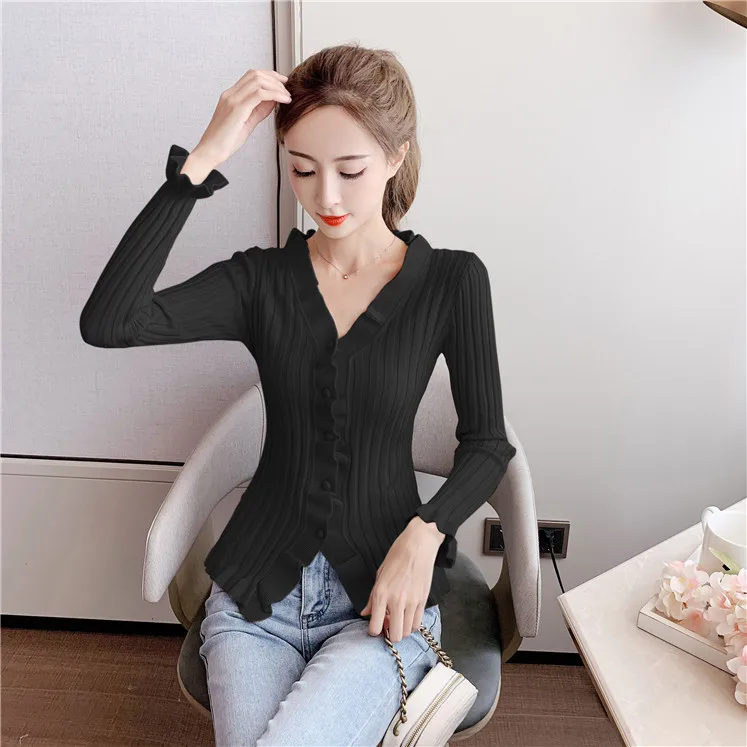 Демисезонный Для женщин с v-образным вырезом, вязаный длинный рукав свитера с оборками кардиганы женские вязаные Стрейчевые узкие свитер верхняя одежда для женщин