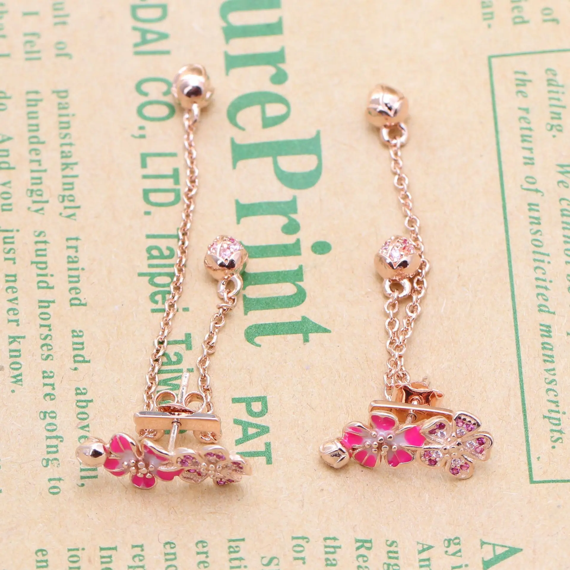 

Original 925 Sterling Silver Long Peach Blossom Pan Earrings Rose Earrings Lady Temperament Tassel Pan Earring For Women Gift