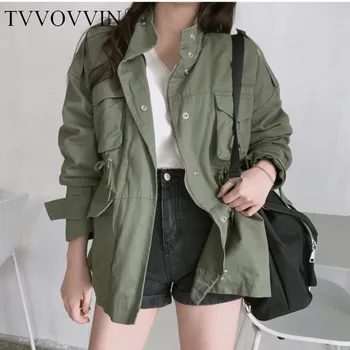 

Korea 2020 casual drawstring waist army green working clothes oversize jacket female tide spring vintage loose coatC9CQ