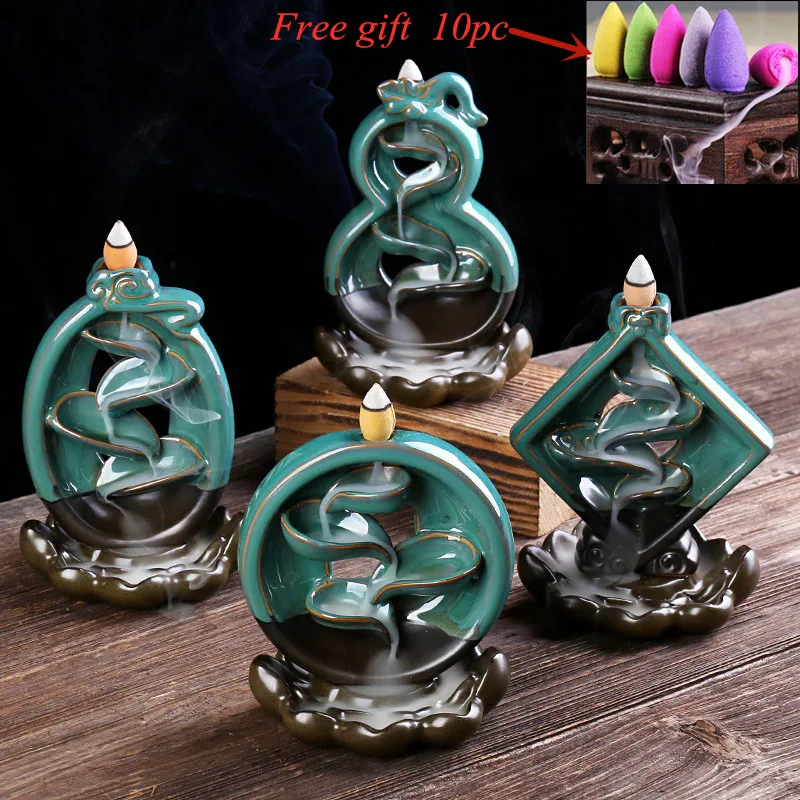 

Chinese waterfall backflow incense burner ceramic table Smoke Fragrant fountain tower Aromatherapy base Home office decorations