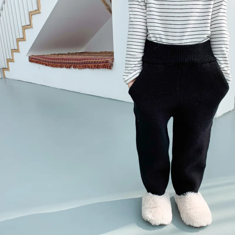 Детская зимняя вязаная штаны Для мальчиков ясельного возраста и девушка с длинным рукавом Чистая-цветная шерсть теплые брюки для девочек детские универсальные бабушка брюки От 1 до 6 лет - Цвет: black