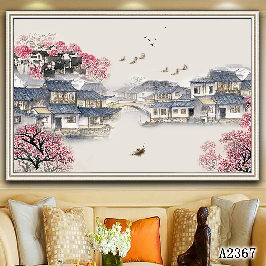 

Abstract Oil Painting Print on Canvas Chinese-style Water Village Landscape Canvas Art Printing Wall Art Picture for HomeDecor