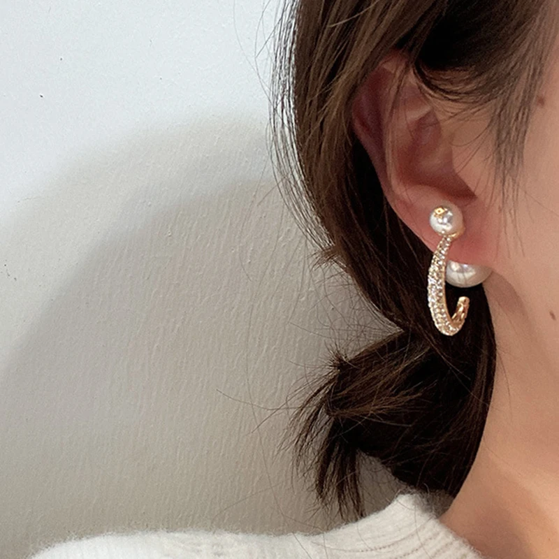 

New Chic Gold Geometric Hollow Open Circle C Shape Pearl Stud Statement Earrings for Women Accessories Girl Gift Fashion Jewelry