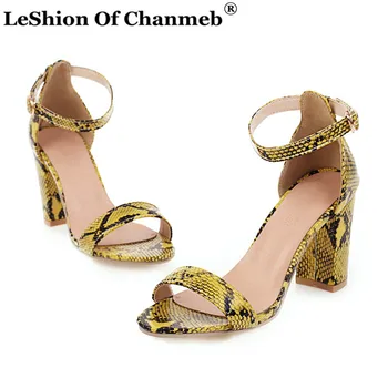 

2020 Snake Skin Sandals Women Summer Shoes Woman Ankle Strap PU Leather Thick High Heels Sexy Ladies Sandals Sandalia Feminina