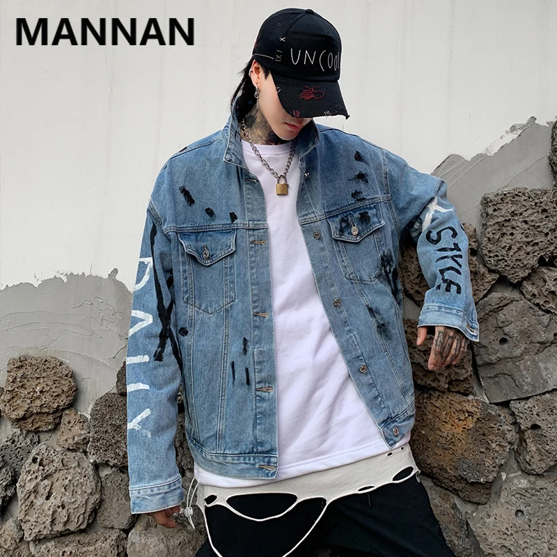 MANNAN/осенние джинсовые куртки в стиле Харадзюку в стиле хип-хоп с принтом масляной краски, мужские рваные уличные винтажные джинсы, куртка