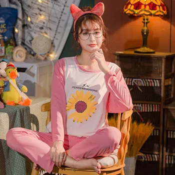 

Women 2PC O-Neck Top&Pant Pink Pajamas Set Cute Daisy Letter Print Nightwear Spring Autumn Milk Fiber Home Wear Lounge Sleepwear