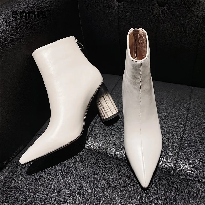 ENNIS Autumn Winter Women High Heel Boots Genuine Leather Pointed Boots Black Beige Designer Ankle Boots Ladies Shoes A9166