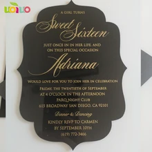 Бесплатный дизайн на заказ форма Золотая фольга Акриловая Карта свадебные пригласительные карты с карманом конверт, черная акриловая карта с золотой фольгой