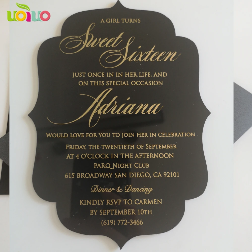 

free design custom shape gold foil acrylic card wedding invitation card with pocket envelope,black acrylic card with gold foil