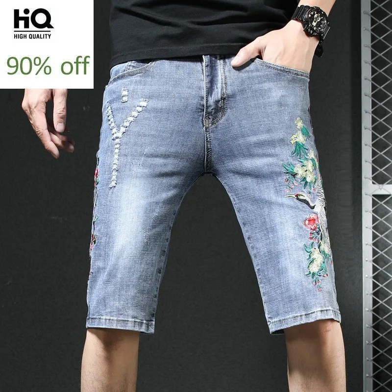 

Summer 2020 Embroidery Dragon Denim Shorts Men Vintage Personalized Stretch Frayed Knee-Length Jeans Fashion Straight Hot Pants