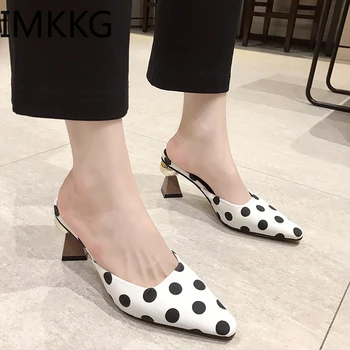 

Chic High Heel Slippers Pointed Toe Shoes Women Mules Elegant Half Slipper Black White Dot Ladies Office Pumps