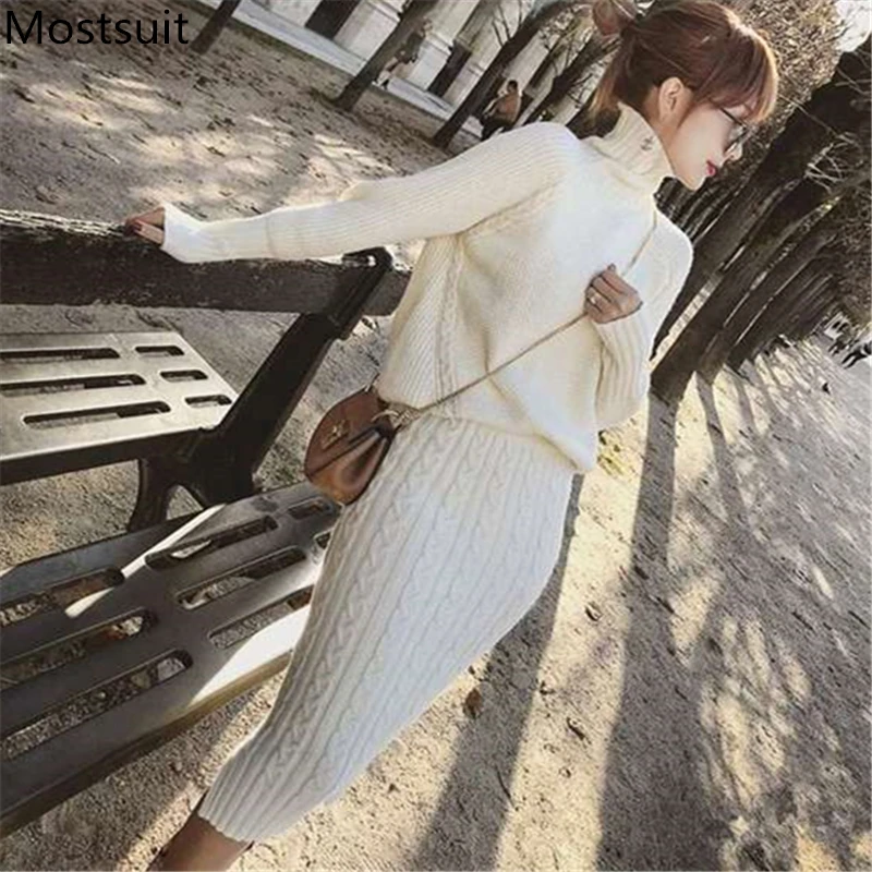 Twisted Knitted 2 Piece Sets Outfits Women Long Sleeve Turtleneck Pullover Sweater+ Split Pencil Skirt Suits Ladies Fashion Set