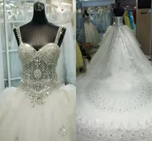 

2022 Bling Rhinestone Crystals Wedding Dresses Gorgeous A Line Spaghetti Long Train Bridal Gowns Vestidos De Noiva Custom Made