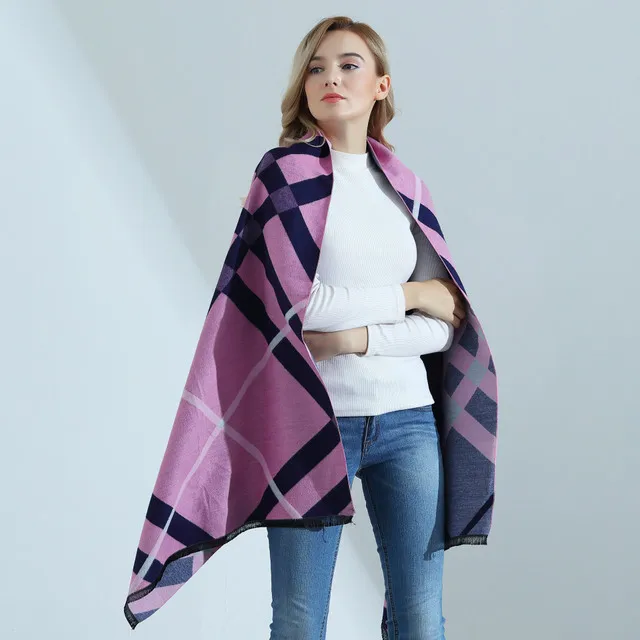 navy pink plaid Кашемировый шарф, женский толстый теплый зимний шарф, Мультяшные двухсторонние пашмины шарфы, шаль 190*70 см, накидка, рождественские подарки - Цвет: navy pink plaid