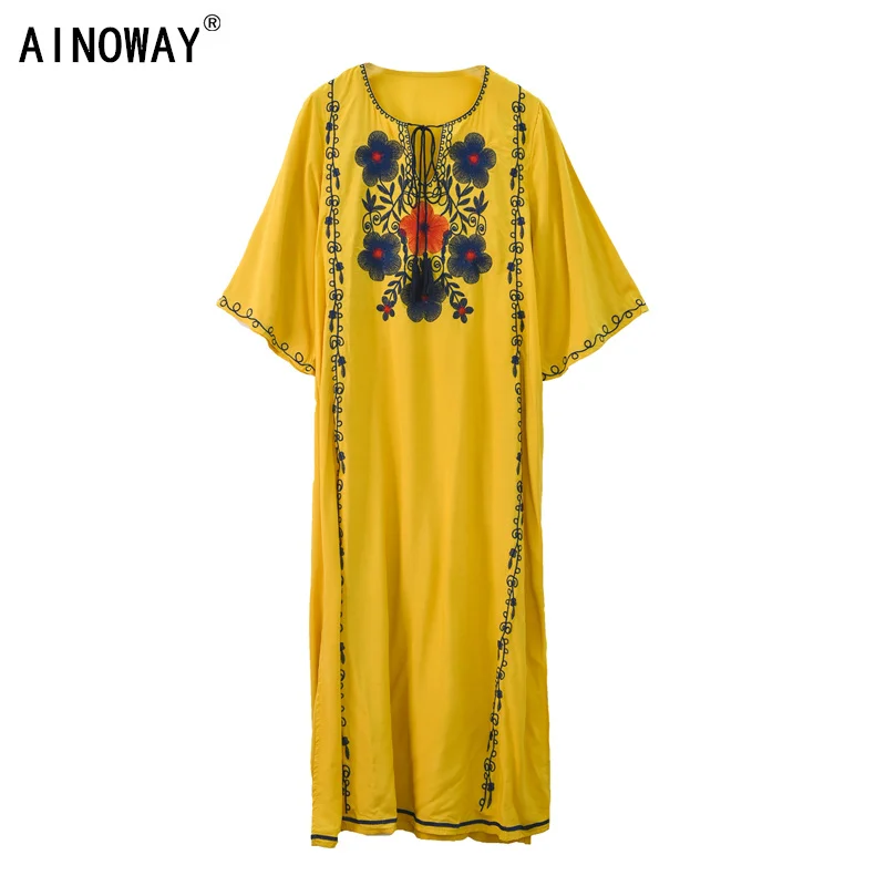 Boho Chic women batwing sleeve Floral embroidery beach Bohemian maxi dress Ladies V neck Summer dress vestidos