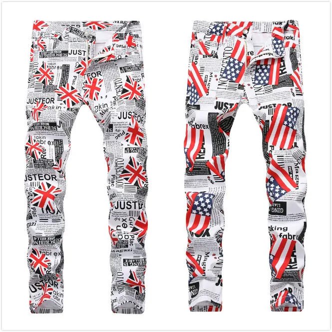 

Men's Jeans New European and American Men's Jeans British and American Flag Printed White Jeans for Men