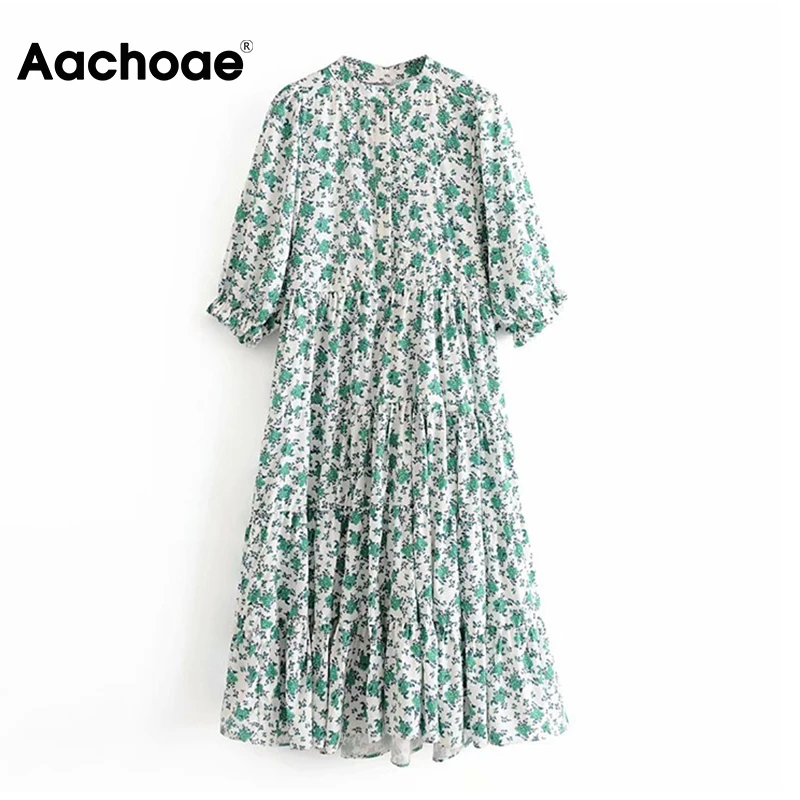 Aachoae Floral Print Dress Women Stand Collar Pleated Midi Dresses Lady Petal Half Sleeve Female Vintage Dress Loose Vestidos Aachoae Floral Print Dress Women Stand Collar Pleated Midi Dresses Lady Petal Half Sleeve Female Vintage Dress Loose Vestidos