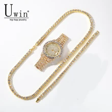 Uwin Теннисный браслет цепочка ожерелье часы набор золото серебро и двойной цвет стразы мода хип хоп ювелирные изделия тренд