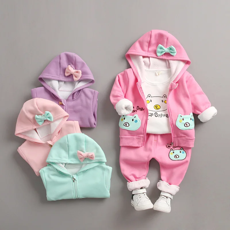 

2019 New Style Fall And Winter Clothes Girls Baby Cartoon plus Velvet Minion Pig Three-piece Set Bow Hoodie